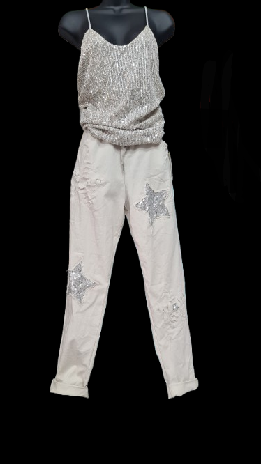 Pantaloni Lunghi Donna Beige Eleganti con Stella Argentata/ Made in ITALY