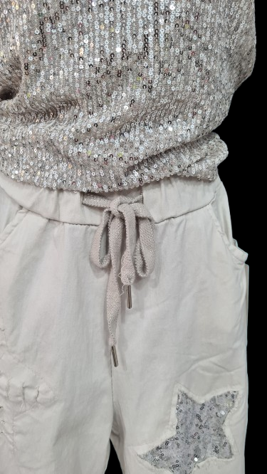 Pantaloni Lunghi Donna Beige Eleganti con Stella Argentata/ Made in ITALY