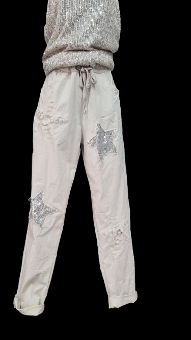 Pantaloni Lunghi Donna Beige Eleganti con Stella Argentata/ Made in ITALY
