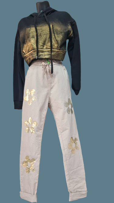 Pantaloni da Donna Beige Eleganti con Ornamento Floreale Oro