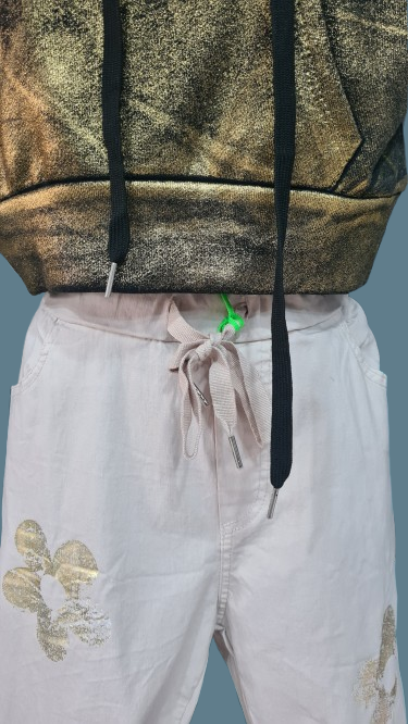 Pantaloni da Donna Beige Eleganti con Ornamento Floreale Oro