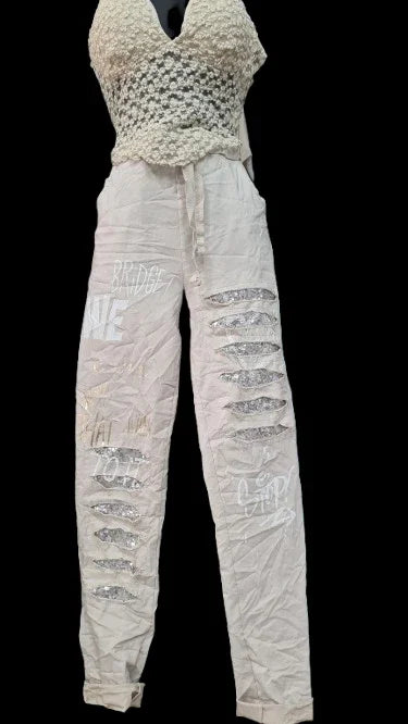 Pantaloni Lunghi Donna Beige con Ornamento D'argento|Made in ITALY