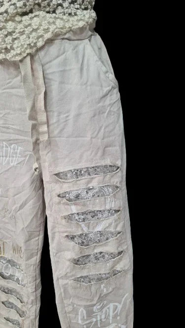 Pantaloni Lunghi Donna Beige con Ornamento D'argento|Made in ITALY
