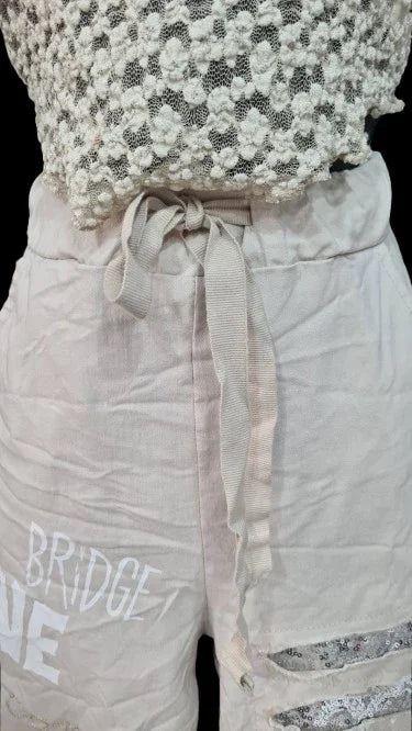 Pantaloni Lunghi Donna Beige con Ornamento D'argento|Made in ITALY