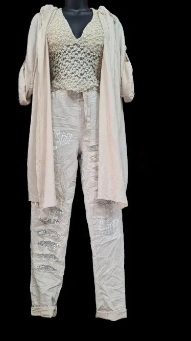 Pantaloni Lunghi Donna Beige con Ornamento D'argento|Made in ITALY