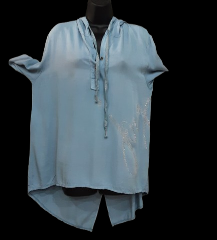 Tunica Azzurra Asimmetrica da Donna con Scritta Argento/Made in ITALY