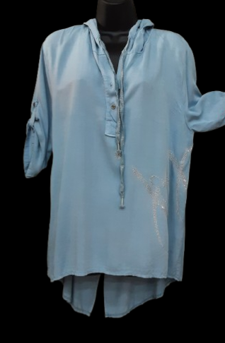 Tunica Azzurra Asimmetrica da Donna con Scritta Argento/Made in ITALY
