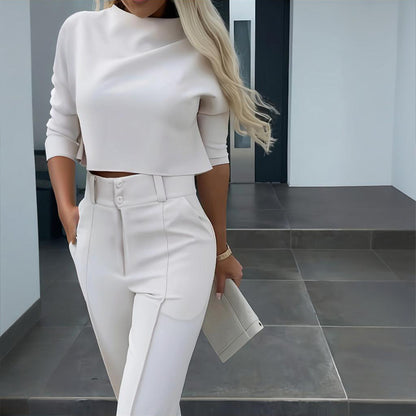 Completo Elegante Donna a Manica Corto con Pantaloni a Gamba Dritta e Tasche