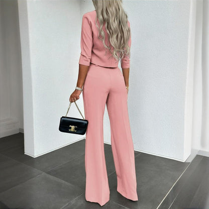 Completo Elegante Donna a Manica Corto con Pantaloni a Gamba Dritta e Tasche