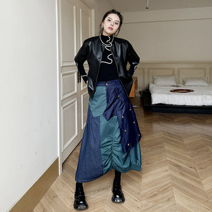 Gonna Lunga a Vita Alta in Denim Patchwork Retro per Donna
