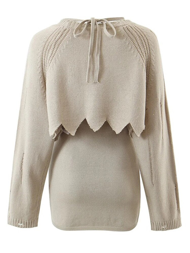Completo Due Pezzi Donna con Top a Manica Lunga e Collo Rotondo, Abito Mini Senza Maniche con Collo Quadrato, Set in Maglia