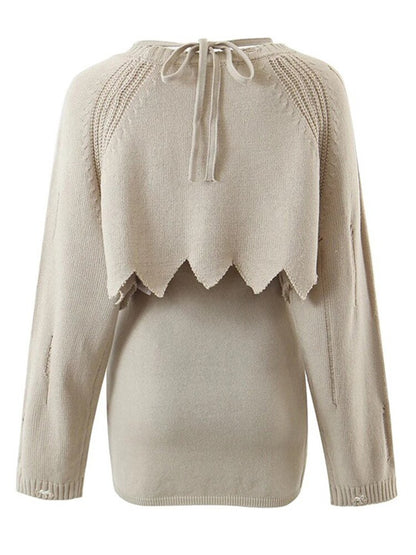 Completo Due Pezzi Donna con Top a Manica Lunga e Collo Rotondo, Abito Mini Senza Maniche con Collo Quadrato, Set in Maglia
