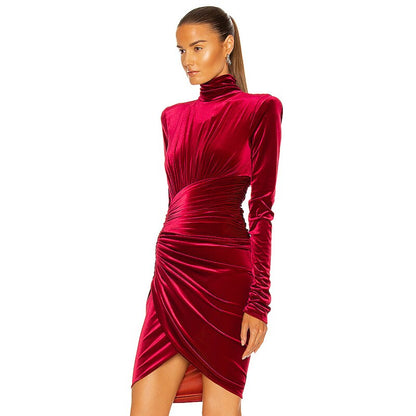 Mini Abito Sexy Elegante in Velluto da Donna Design Drappeggiato Collo Alto  Maniche Lunghe