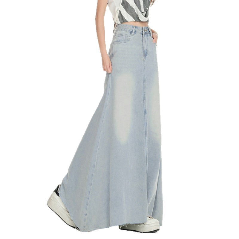 Gonna Lunga in Denim a Vita Alta da Donna con Orlo Sfilacciato