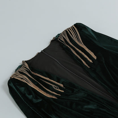 Abito Elegante con Frange Metalliche per Donna - Vestito da Sera Lungo con Maniche Lunghe e Scollo a V