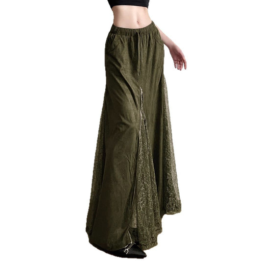 Gonna Lunga Verde Vintage in Pizzo con Vita Bassa e Zip