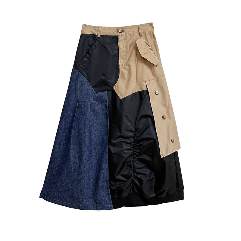 Gonna Lunga a Vita Alta in Denim Patchwork Retro per Donna