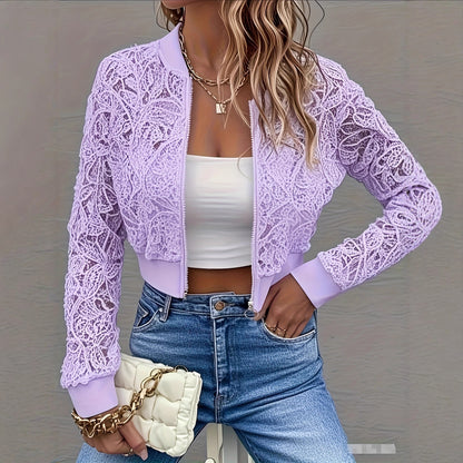 Giacca Corta in Pizzo con Zip a Maniche Lunghe
