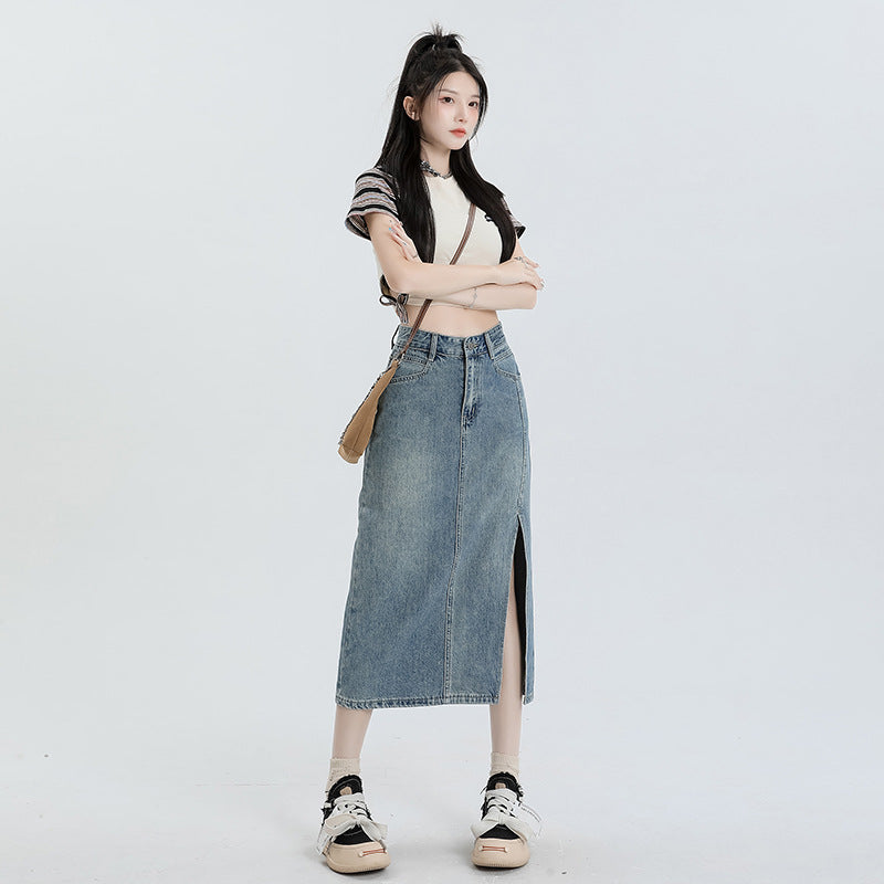 Gonna Midi In Denim Con Spacco A Vita Alta Linea A