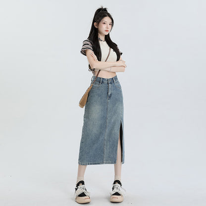 Gonna Midi In Denim Con Spacco A Vita Alta Linea A