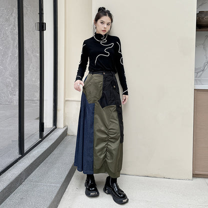 Gonna Lunga a Vita Alta in Denim Patchwork Retro per Donna