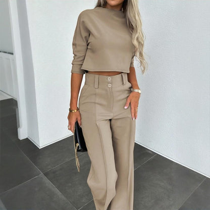 Completo Elegante Donna a Manica Corto con Pantaloni a Gamba Dritta e Tasche