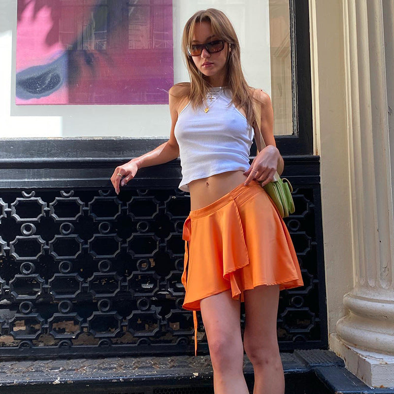 Solid color irregular design lace up skirt