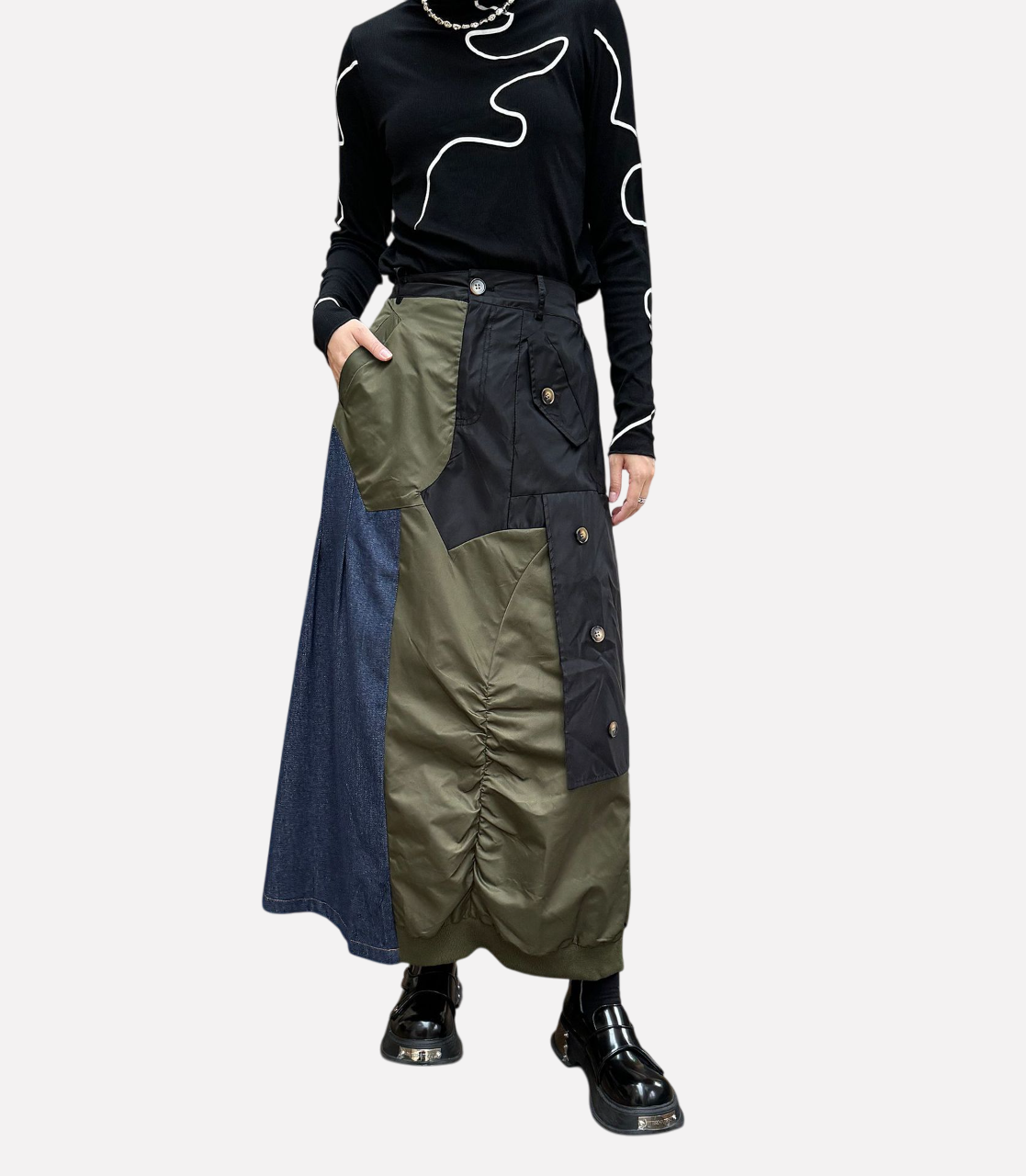 Gonna Lunga a Vita Alta in Denim Patchwork Retro per Donna