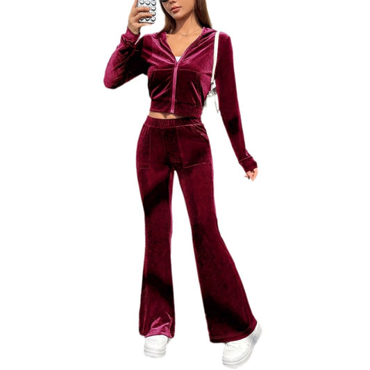 Set Sportivo Autunnale Zipper Velvet con Top a Cappuccio e Pantaloni a Zampa