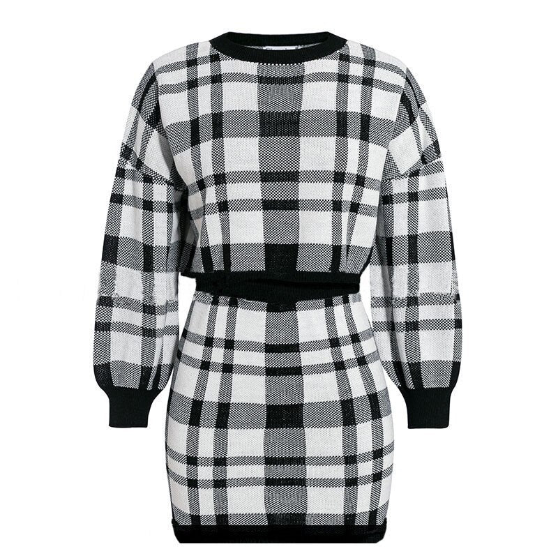 Completo Elegante da Donna in Due Pezzi per Ufficio: Maglione a Quadri, Crop Top a Maniche Lunghe e Gonna - Abito Sexy alla Moda