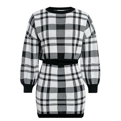 Completo Elegante da Donna in Due Pezzi per Ufficio: Maglione a Quadri, Crop Top a Maniche Lunghe e Gonna - Abito Sexy alla Moda