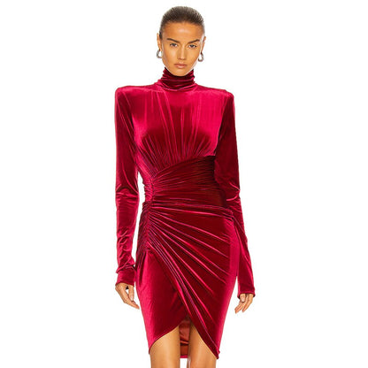 Mini Abito Sexy Elegante in Velluto da Donna Design Drappeggiato Collo Alto  Maniche Lunghe