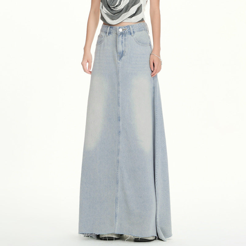 Gonna Lunga in Denim a Vita Alta da Donna con Orlo Sfilacciato