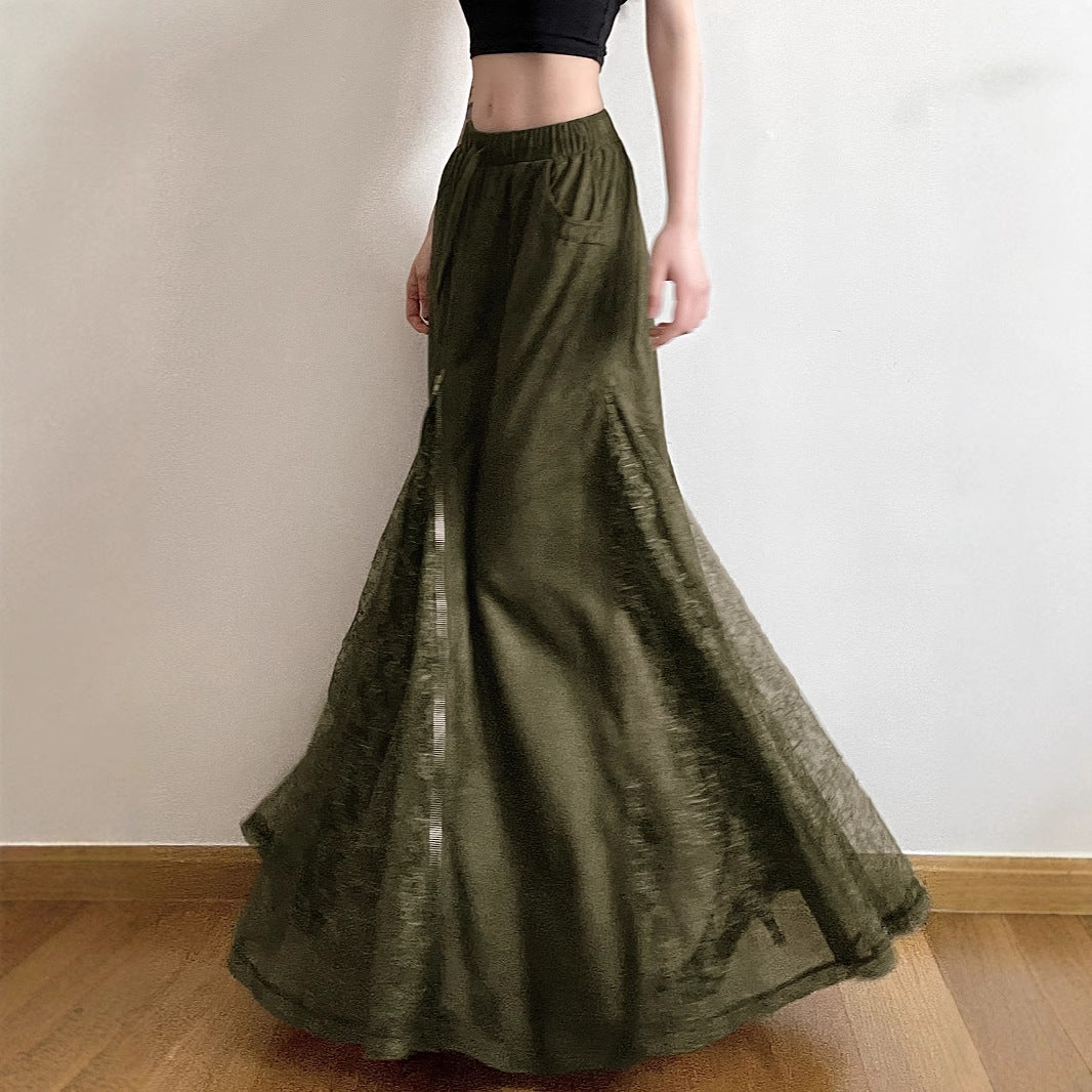 Gonna Lunga Verde Vintage in Pizzo con Vita Bassa e Zip