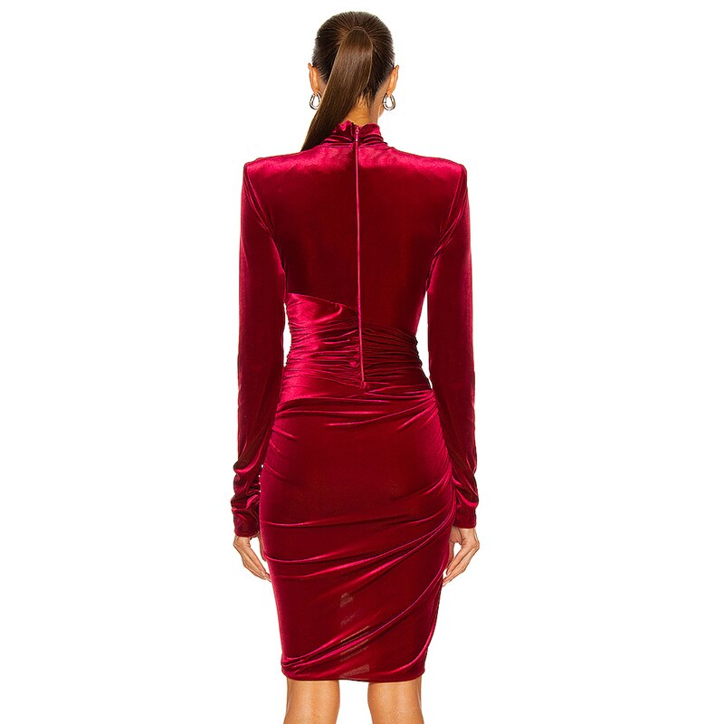Mini Abito Sexy Elegante in Velluto da Donna Design Drappeggiato Collo Alto  Maniche Lunghe