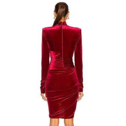 Mini Abito Sexy Elegante in Velluto da Donna Design Drappeggiato Collo Alto  Maniche Lunghe