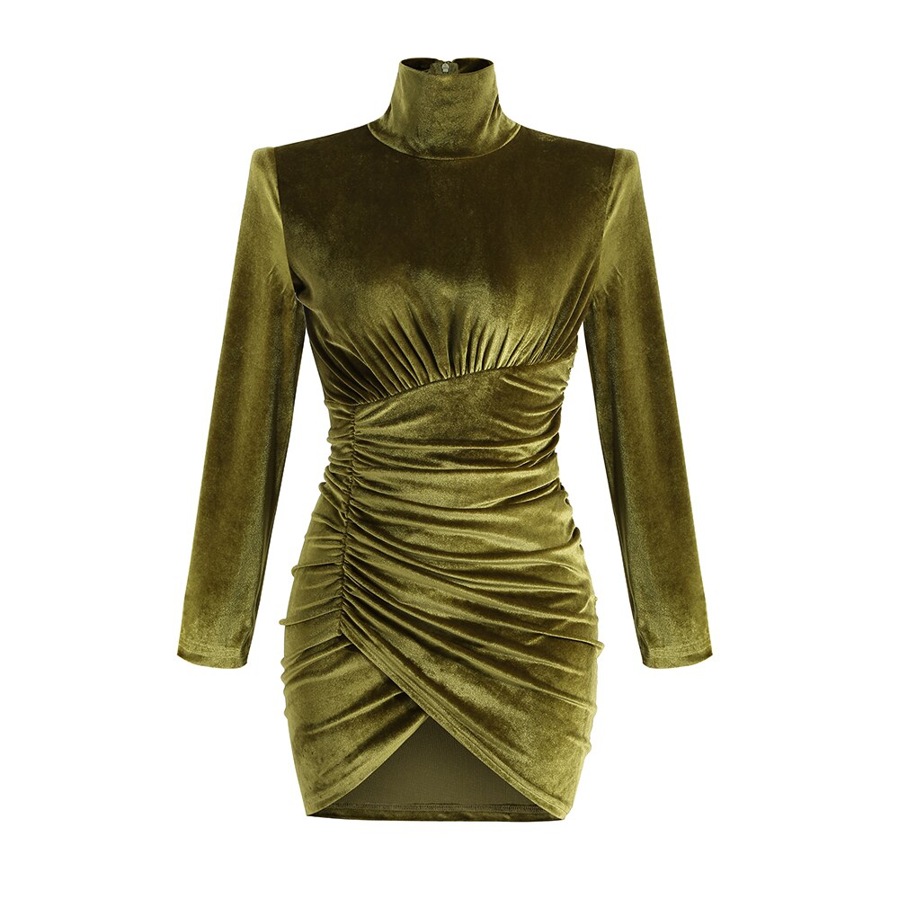 Mini Abito Sexy Elegante in Velluto da Donna Design Drappeggiato Collo Alto  Maniche Lunghe