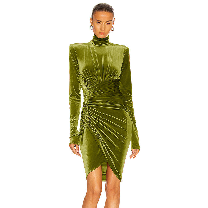 Mini Abito Sexy Elegante in Velluto da Donna Design Drappeggiato Collo Alto  Maniche Lunghe