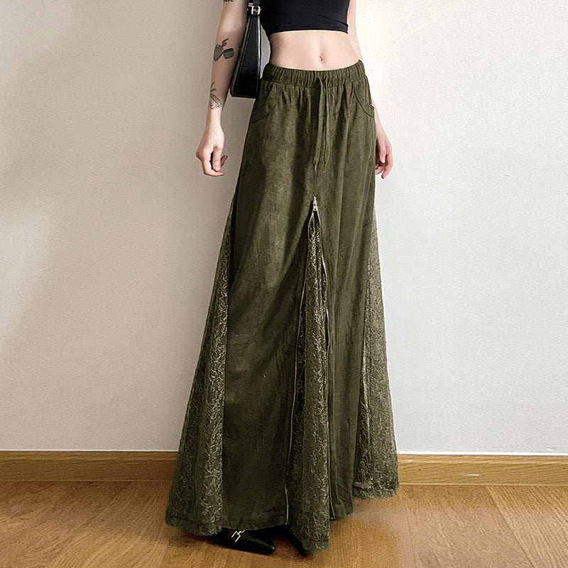 Gonna Lunga Verde Vintage in Pizzo con Vita Bassa e Zip