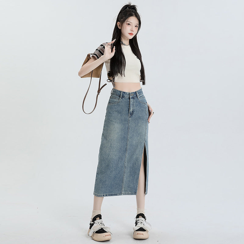 Gonna Midi In Denim Con Spacco A Vita Alta Linea A