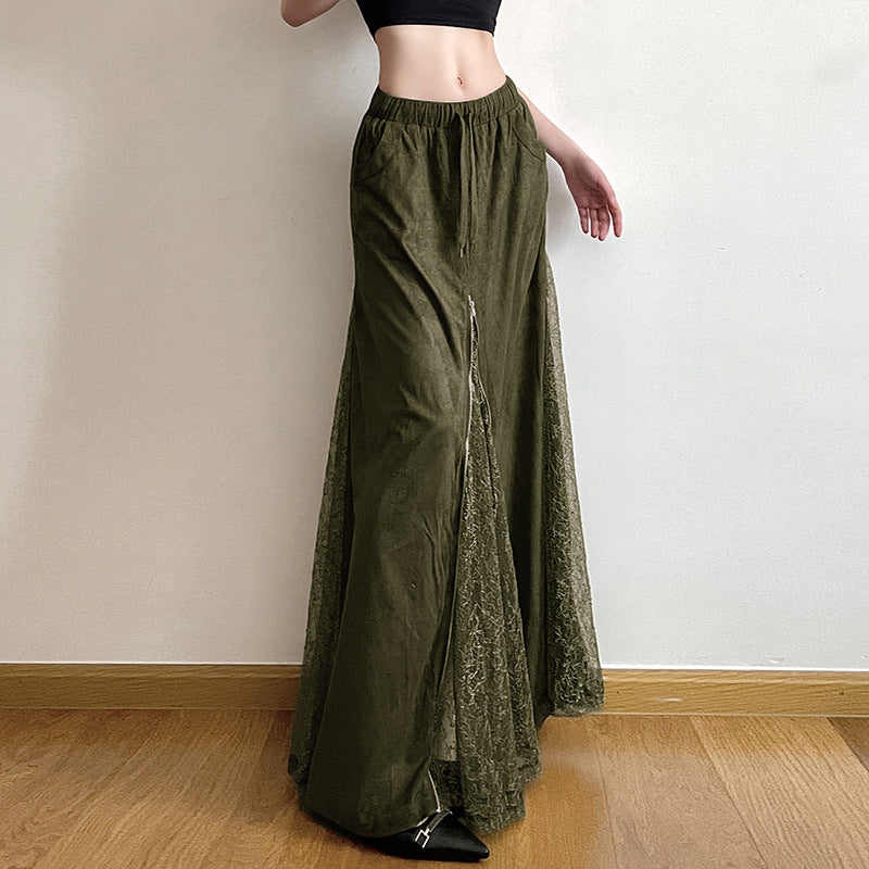 Gonna Lunga Verde Vintage in Pizzo con Vita Bassa e Zip