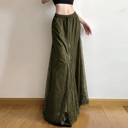 Gonna Lunga Verde Vintage in Pizzo con Vita Bassa e Zip