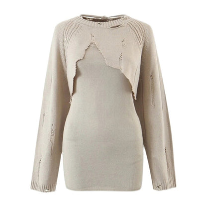 Completo Due Pezzi Donna con Top a Manica Lunga e Collo Rotondo, Abito Mini Senza Maniche con Collo Quadrato, Set in Maglia