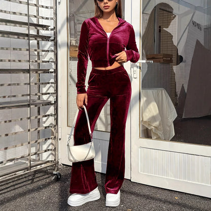 Set Sportivo Autunnale Zipper Velvet con Top a Cappuccio e Pantaloni a Zampa