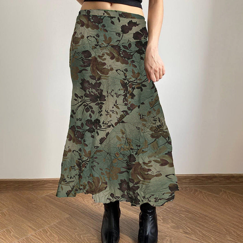 Gonna Verde Vintage a Vita Bassa con Stampa
