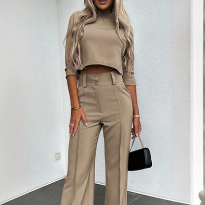 Completo Elegante Donna a Manica Corto con Pantaloni a Gamba Dritta e Tasche