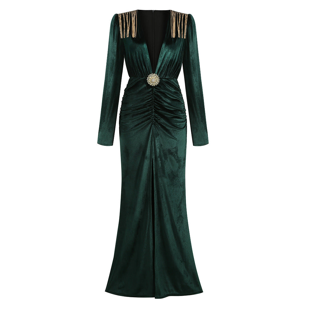 Abito Elegante con Frange Metalliche per Donna - Vestito da Sera Lungo con Maniche Lunghe e Scollo a V