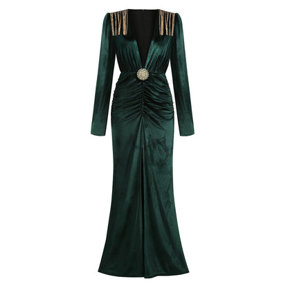 Abito Elegante con Frange Metalliche per Donna - Vestito da Sera Lungo con Maniche Lunghe e Scollo a V