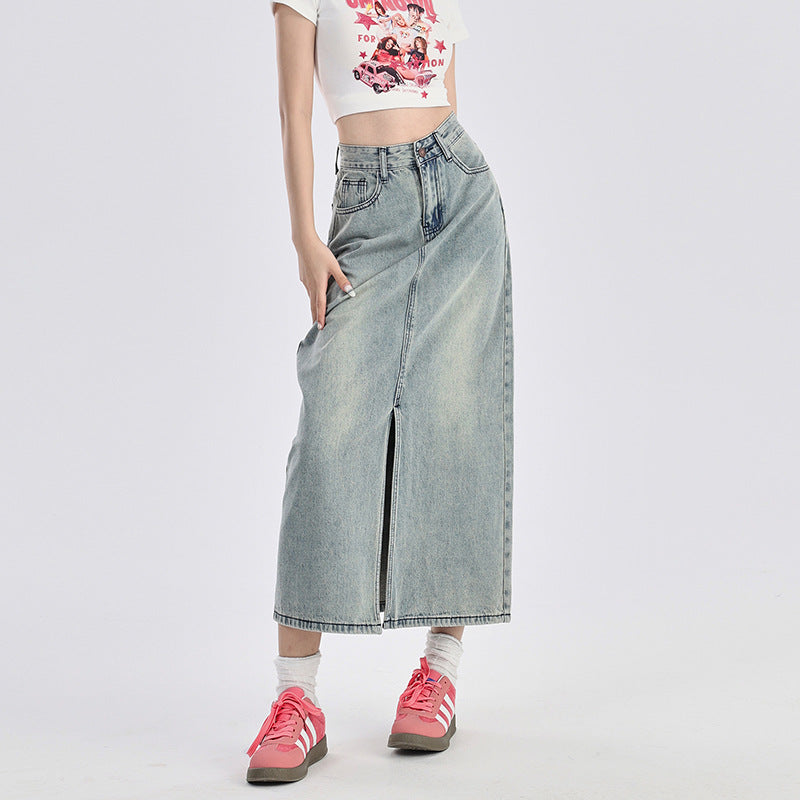 Gonna in Denim Blu Vintage con Spacco – Vita Alta, stile retrò americano