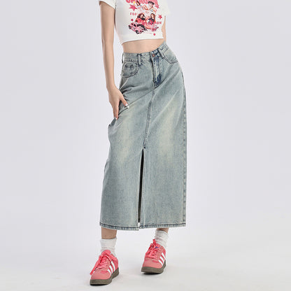 Gonna in Denim Blu Vintage con Spacco – Vita Alta, stile retrò americano